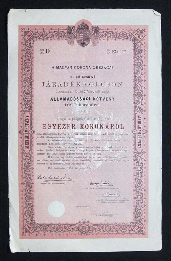 Államadóssági kötvény járadékkölcsön 1000 korona 1908
